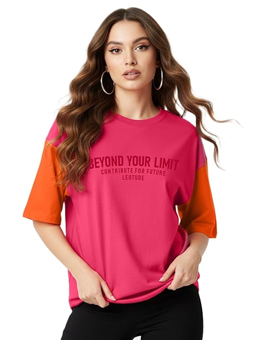 LEOTUDE Half Sleeve Cottonblend Oversized Tshirt for Women, Round Neck Longline Printed Raglan Sleeve Colourblocked Drop Shoulder Baggie T-Shirt Top for Woman (Color Pink)
